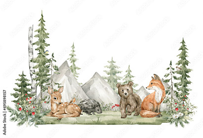 Fototapeta Akvarelová kompozice s lesními zvířaty 495898157